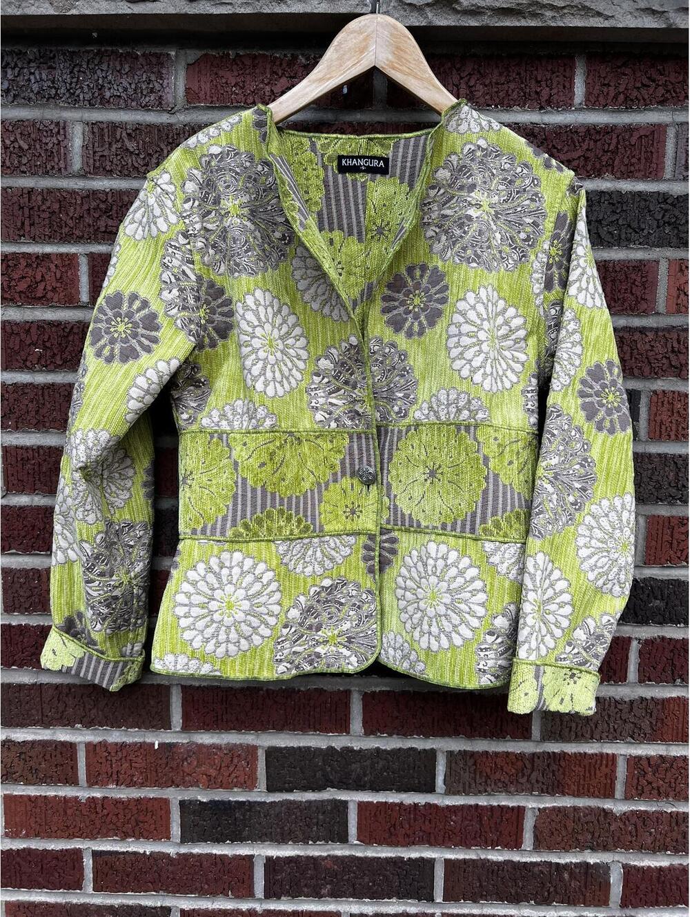 Khangura Gray White and Lime Green Tapestry Fabric Jacket